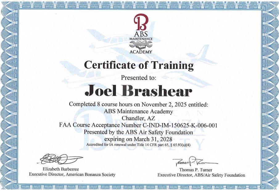 ABS Maintenance Academy certificate of training awarded to Joel Brashear, 8 course hours, November 2025, presented by the ABS Air Safety Foundation