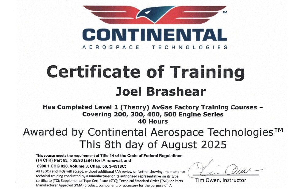 Continental Aerospace Technologies certificate of training awarded to Joel Brashear, Level 1 AvGas factory training, 40 hours, August 2025